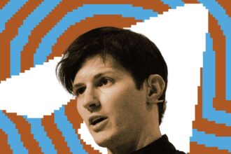 Photo illustration of Telegram CEO Pavel Durov with the Telegram logo.