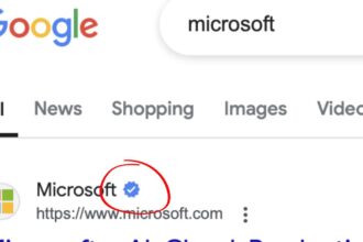 A screenshot taken of Google search displaying a blue checkmark next to a Microsoft weblink.