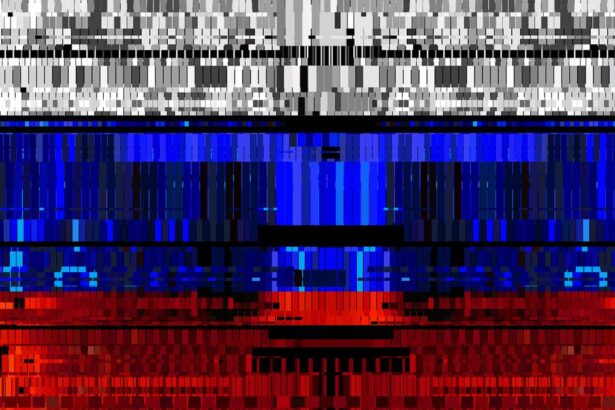 Artwork showing a visually glitchy version of the Russian flag.