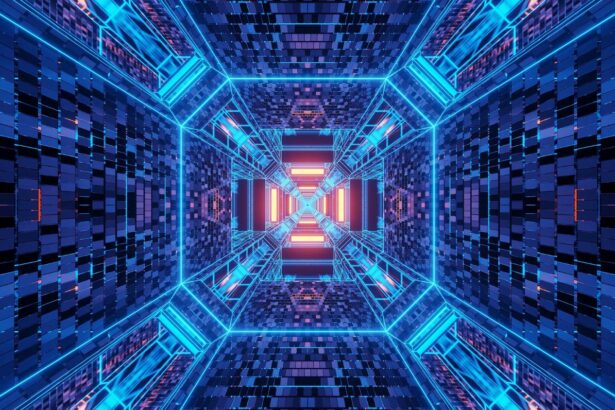 Background of several blue and yellow lights flowing in motion into a single direction