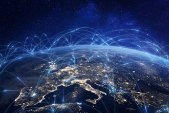 Communication technology with global internet network connected in Europe. Telecommunication and data transfer european connection links. IoT, finance, business, blockchain, security.