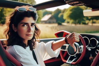 Person giving a thumbs down gesture in a car as a global study of attitudes towards artificial intelligence indicates a contrast in attitudes towards in-vehicle AI between Western and Eastern markets, with Europeans particularly reluctant to embrace the technology in their connected cars.