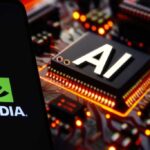 NVIDIA logo on phone and blurred AI chip on the background, USA, February 15, 2024