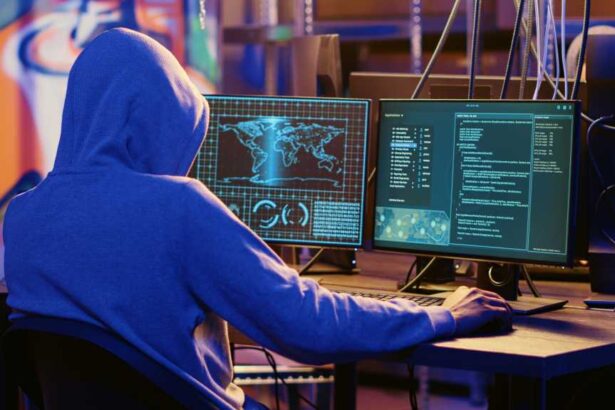 Hooded spy in underground hideout trying to steal valuable data by targeting governmental websites with weak security. Espionage specialist doing cyber attacks to gain access to sensitive info