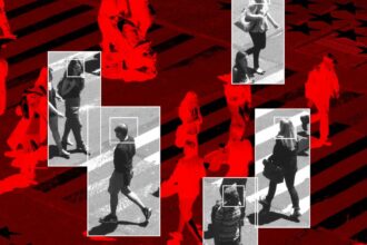 Photo collage of people walking on a busy street with digital effects to suggest they are being watched and tracked.