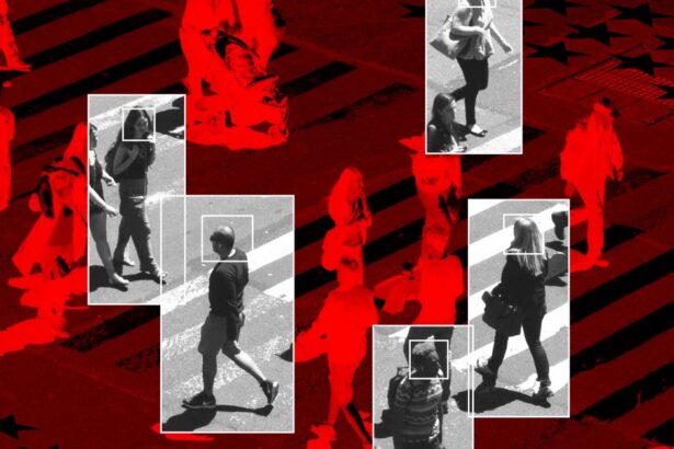 Photo collage of people walking on a busy street with digital effects to suggest they are being watched and tracked.