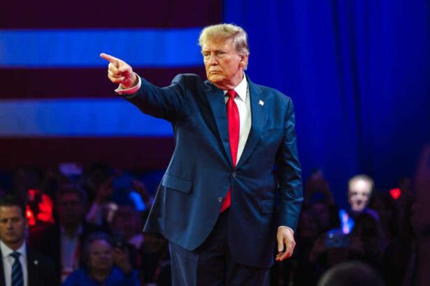 NATIONAL HARBOR, MD, USA- February 24, 2024: Donald Trump speaks at CPAC about his plan for defeating current President Joe Biden in November.