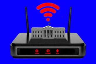 Photo illustration of the White House sitting on top of a router.