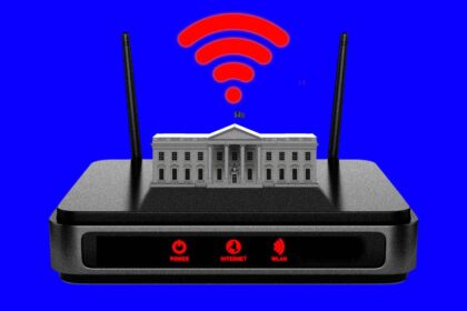 Photo illustration of the White House sitting on top of a router.