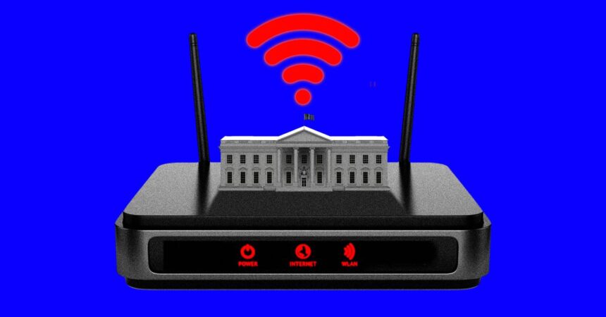 Photo illustration of the White House sitting on top of a router.