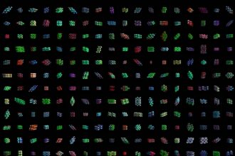 Illustration of new compounds being tested to illustrate the MatterGen diffusion model from Microsoft that uses AI to speed up materials discovery.