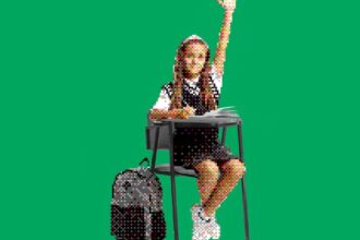 Photo collage of a pixelated student at a desk.