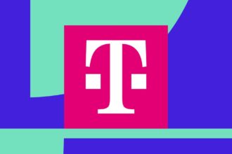 Illustration of the T-Mobile logo, the letter T in a pink box with two squares on either side of it, in front of a blue and aqua background.