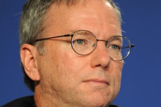 Photo of Eric Schmidt, former CEO of Google, as he warns during the AI Action Summit of the extreme risk posed by AI misuse by rogue nations that could do serious harms without responsible governance from artificial intelligence companies and sensible legislation and oversight from national governments to ensure ethical developments and reduce the risks to society.