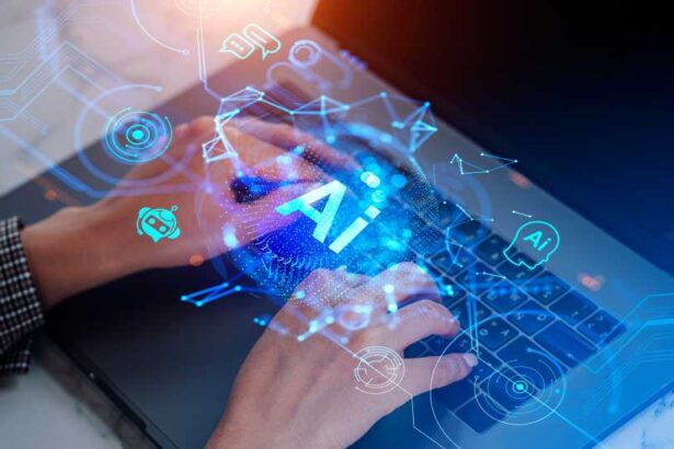Top view of woman fingers typing on laptop keyboard, AI hologram with chatbot and online communication, digital lines and global connection. Concept of machine learning and computing