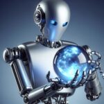 Bot holding a crystal predictions ball illustrating an article with AI leaders and experts setting out the key trends for the future of the artificial intelligence industry in 2025.