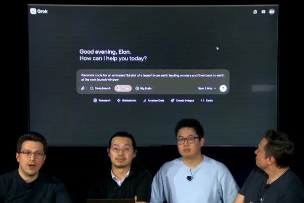 Photo of Elon Musk alongside other artificial intelligence researchers from xAI during the Grok 3 AI model launch showing reasoning benchmarks compared to other leading models from OpenAI, Google, and DeepSeek.