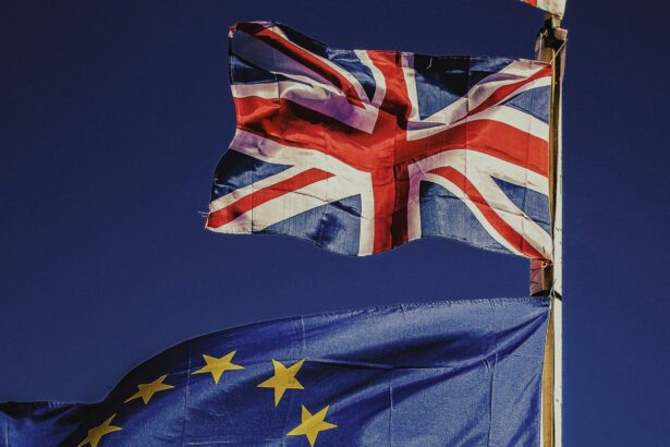 Flag of the UK flying above that of the EU as a techUK report warns the government must act to maintain semiconductor industry leadership to deliver economic growth, support its wider industrial strategy, and match global investments like the European Chips Act.