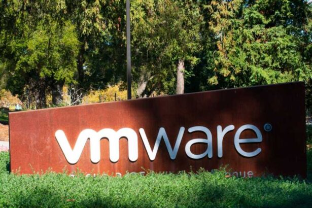 A photograph of a sign with the VMware logo.