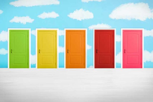 Many colorful doors in a room. Concept of choice. Green, yellow, orange, red, and pink doors on a brushed silver foreground and painted bright blue and white cloud background.