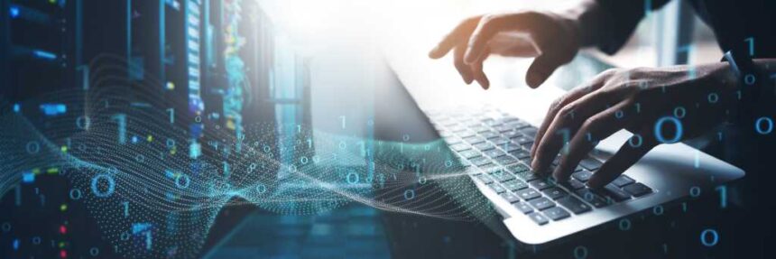 Data Processing, digital technology, internet network technology concept. Man computer programmer working on big data and computer code with data center, server room as backgrounds