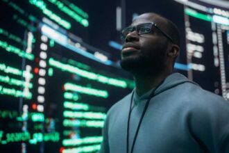 Portrait of Worried Professional Programmer Fixing a Bug, Dealing with Crashing System. Young Black Man Looking at Big Digital Screens Glitching While Displaying Code Lines, Thinking of Solutions