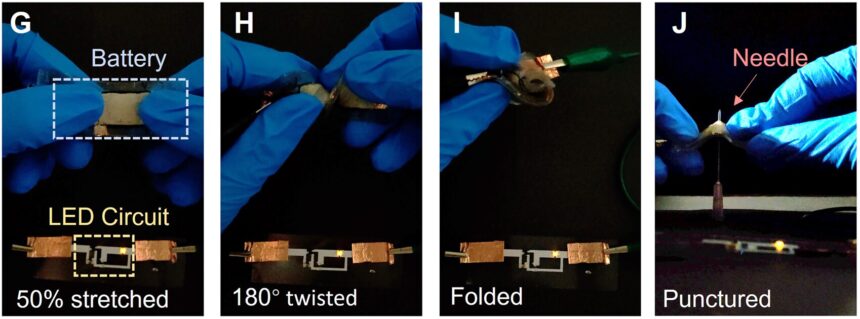 Self-healing lithium battery stretches, survives punctures and cuts