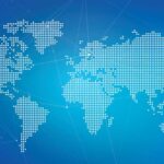 World map dots on blue background