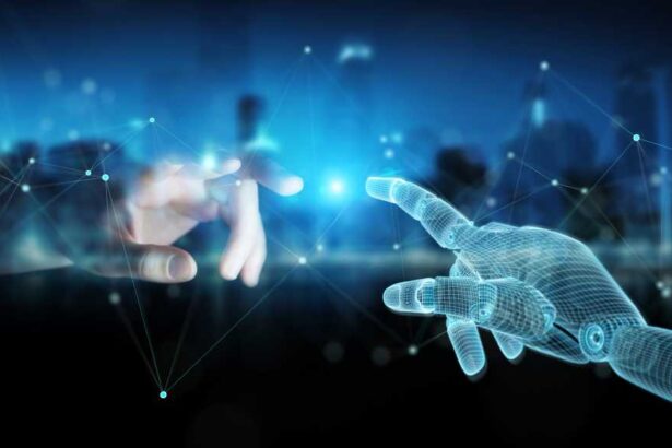 Wireframed Robot hand connecting with human hand on dark background. Agentic AI.