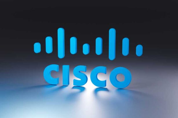 Cisco logo and font on dark background. 3D render.