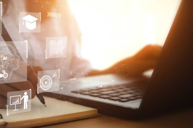 E-learning technology, webinar, online education and training to develop new skills and knowledge. artificial intelligence,AI-enhanced learning with personalized courses. Remote learning on internet.