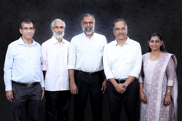 Standing from Left Dr.Koshy P Vaidhyan (CDO), Sreejith Varma (CTO & Co-founder), Hariprasad C (CSO & Promoter), Jyothis Indirabhai (CEO & Co-founder), Deepa Geetha (COO & Co-founder