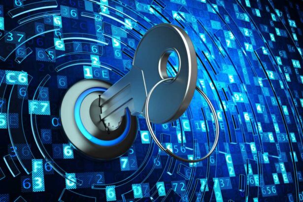 passkey concept - large key in lock in the middle of a swirl of numbers and letters denoting encryption