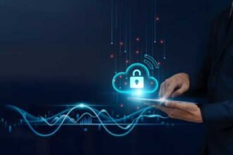 Cloud Security Concept: Businessman uses tablet on Secure Global Networking, Data Encryption, Firewall Protection, Continuous Monitoring, to Develop Smart Solutions from Digital Technology.