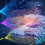 Close up of guy hands using keyboard with creative big data lines on dark background. Technology and innovation concept. Double exposure