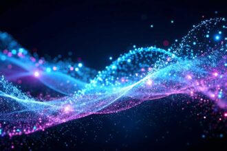 A wave of small particles flowing seamlessly in an abstract design.