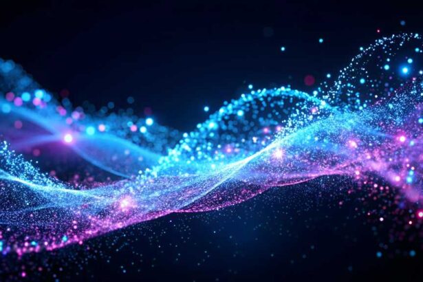 A wave of small particles flowing seamlessly in an abstract design.