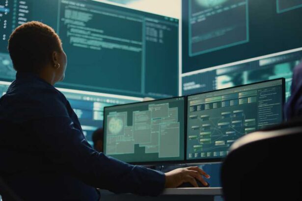 Cyber security expert working on encryption and IT security in a governmental agency. Woman engaging on cyber operations, network security and data protection for hybrid war. Camera B.