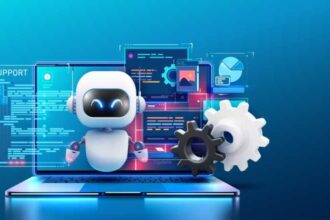 An engaging image of a robot AI assistant offering support, depicted with floating gears and a high-tech laptop interface. Bot with digital tablet near gears and messages.