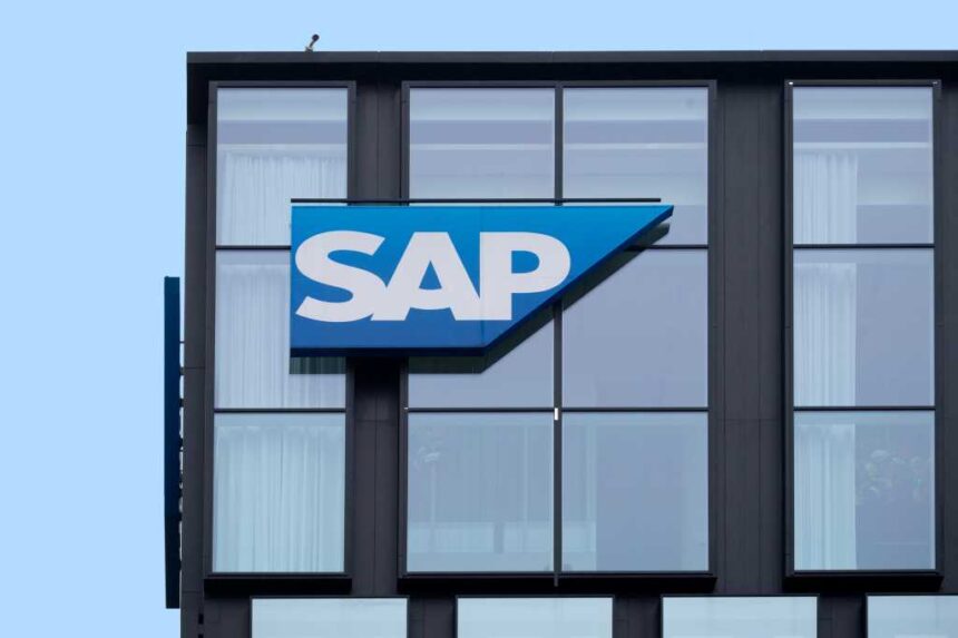 logo SAP SE enterprise software development, German multinational software company, International Business Expansion, sustainable development in Technology, Frankfurt, Germany - February 08, 2024