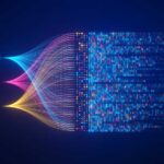 Big data technology and data science illustration. Data flow concept. Querying, analysing, visualizing complex information. Neural network for artificial intelligence. Data mining. Business analytics.