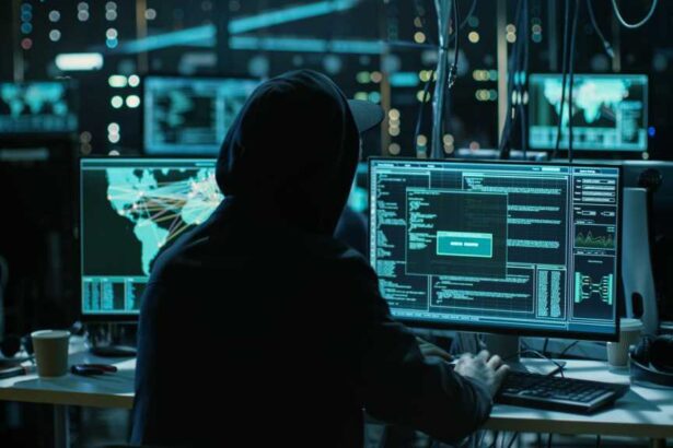 Teenage Hacker Working with His Computer Infecting Servers and Infrastructure with Malware. His Hideout is Dark, Neon Lit and Has Multiple displays.