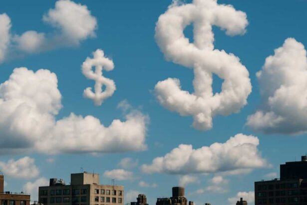 photo illustration of clouds in the shape of dollar signs above a city