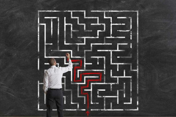 Complexity, problem solving. Man solves a maze.