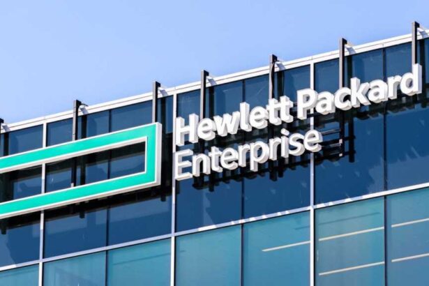 A photograph of a building with the HPE logo on the facade.
