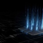 3D Rendering of digital binary data on microchip with glow circuit board background. Concept of for deep machine learning, crypto currency, hi tech product uses. Big data visualization, cpu processing