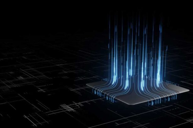 3D Rendering of digital binary data on microchip with glow circuit board background. Concept of for deep machine learning, crypto currency, hi tech product uses. Big data visualization, cpu processing
