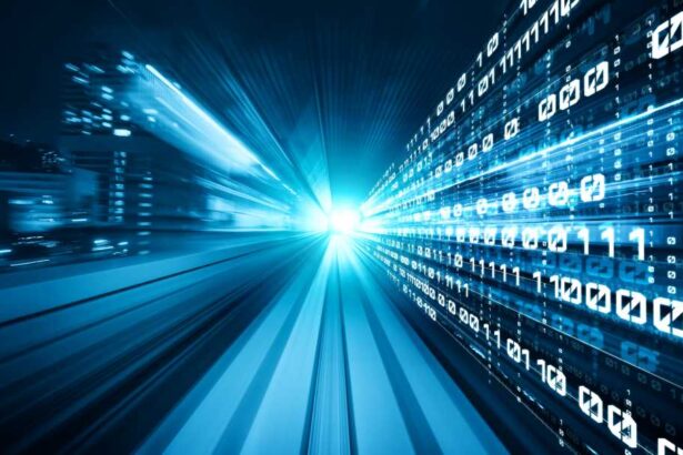 Digital data flow on road with motion blur to create vision of fast speed transfer . Concept of future digital transformation , disruptive innovation and agile business methodology .