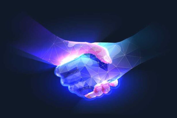 Two futuristic-looking hands shaking.