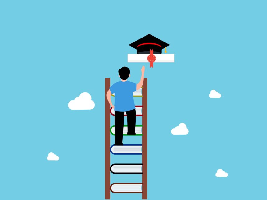 Person on a ladder reaching for a graduate hat as the adoption of generative AI has outpaced workforce capability, prompting OpenAI to target the skills gap with new certification standards.